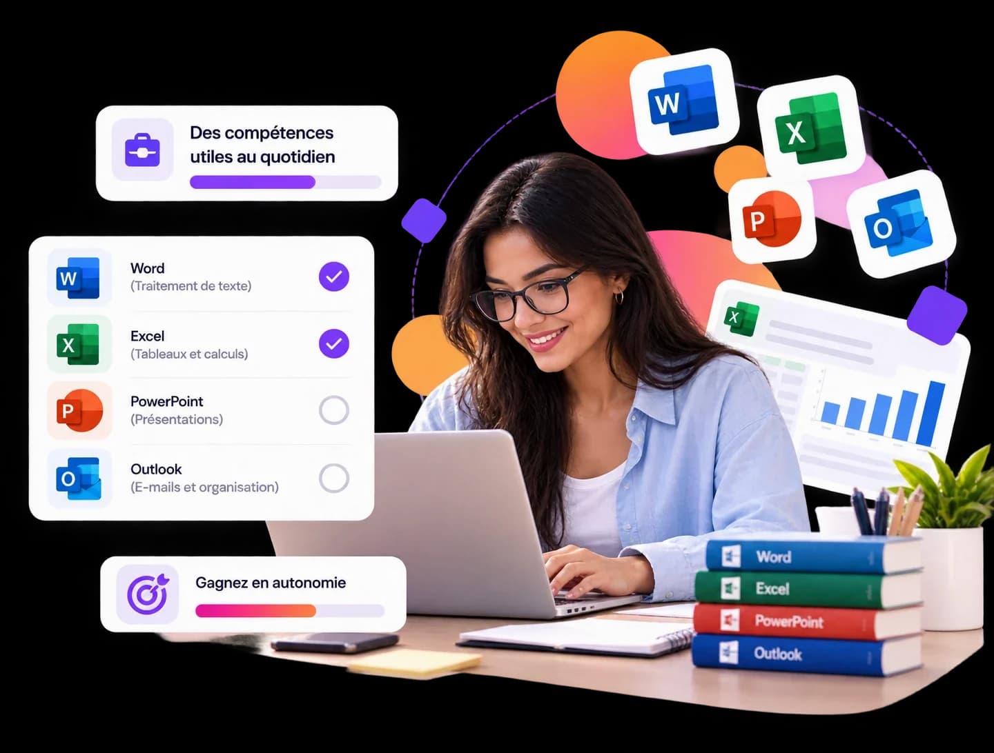 Une femme travaille sur son ordinateur, avec des livres sur Word, Excel, PowerPoint et Outlook